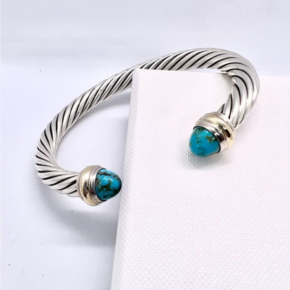 David Yurman Sterling Silver & 14K Gold Turquoise Cable Bracelet - Picture 3 of 14